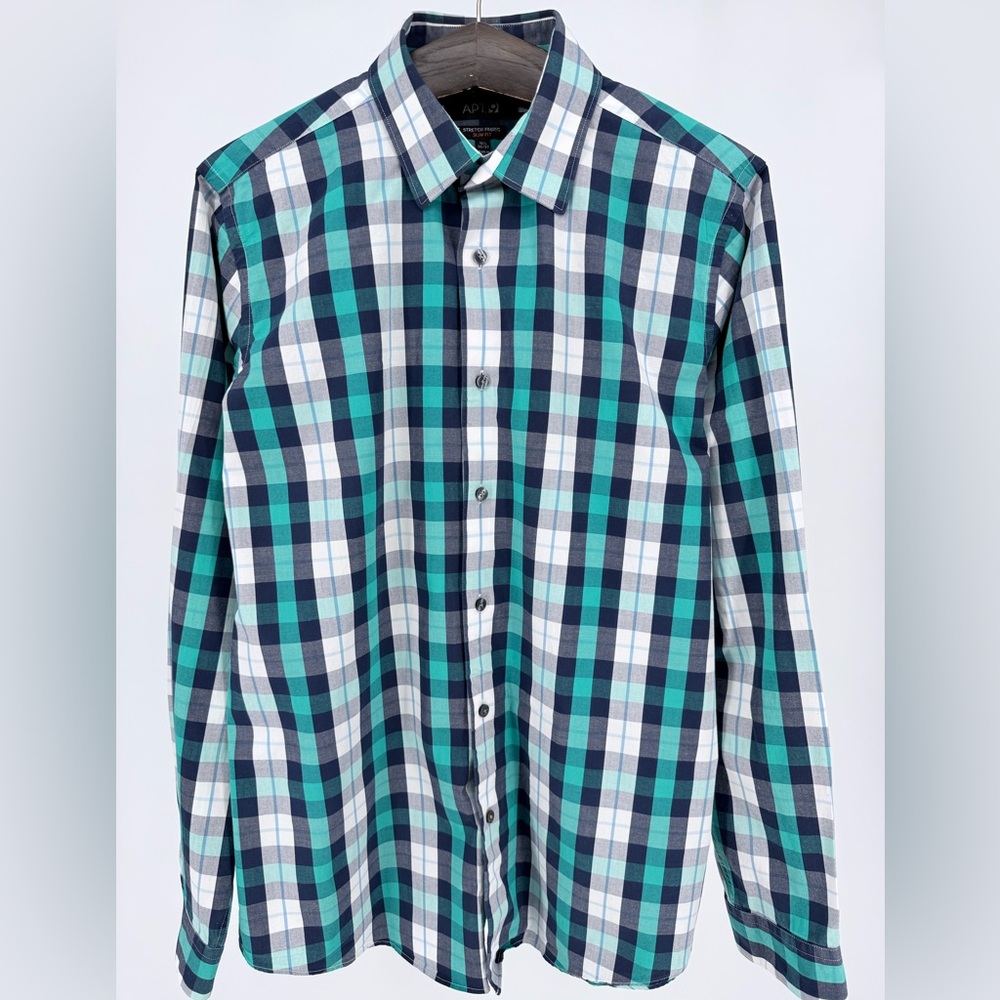 APT 9 Slim Fit Plaid Button Down Collared Shirt Size 16.5 Stretch Cotton Blend